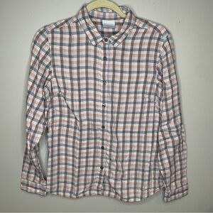 Columbia Plaid Flannel Women’s Button Down Gray White & Pink  Size Large‎